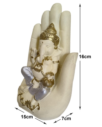 Handcrafted Palm Ganesha idol in polyresin, featuring a tranquil design perched on a palm, symbolizing wisdom and harmony for home decor.