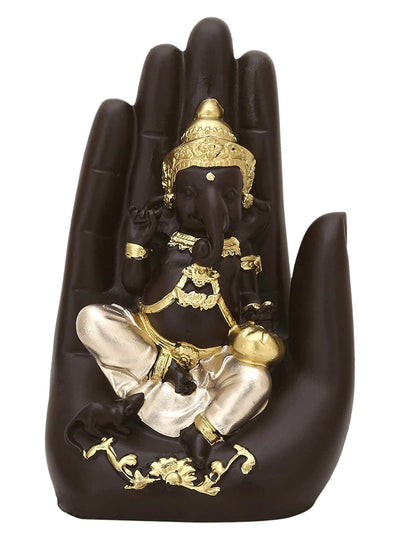 Handcrafted Palm Ganesha idol in polyresin, featuring a unique palm-resting pose, symbolizing wisdom and prosperity, ideal for home decor.