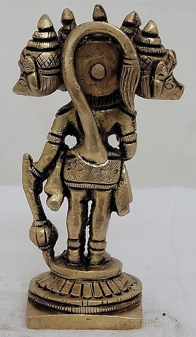 Handmade brass idol of Panchamukhi Hanuman, featuring five faces representing divine protection, suitable for altars and home decor.