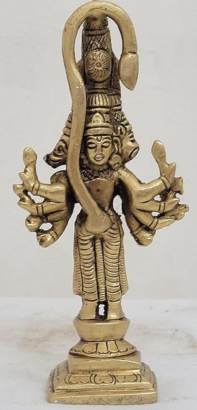 Handcrafted brass statue of Panchamukhi Lord Hanuman, featuring five faces, ideal for home decor, puja, and gifting.