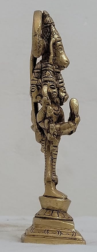 Handcrafted brass statue of Panchamukhi Lord Hanuman, featuring five faces, ideal for home decor, puja, and gifting.