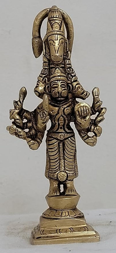 Handcrafted brass statue of Panchamukhi Lord Hanuman, featuring five faces, ideal for home decor, puja, and gifting.
