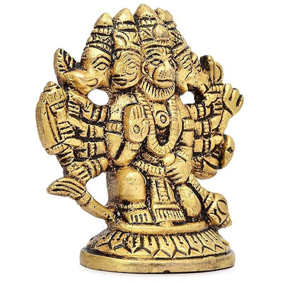 Handmade brass Panchmukhi idol of Lord Hanumanji, showcasing intricate craftsmanship, ideal for enhancing spirituality in home or car.
