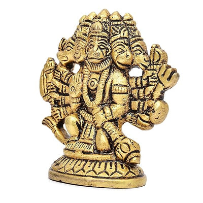 Handmade brass Panchmukhi idol of Lord Hanumanji, showcasing intricate craftsmanship, ideal for enhancing spirituality in home or car.