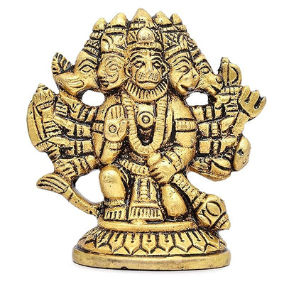 Handmade brass Panchmukhi idol of Lord Hanumanji, showcasing intricate craftsmanship, ideal for enhancing spirituality in home or car.