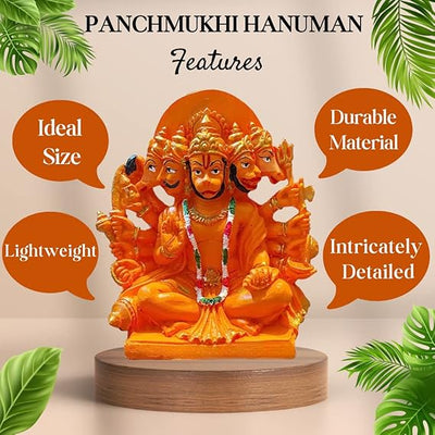 Handmade Panchmukhi Hanuman Ji idol in resin, featuring five faces, ideal for altars and home decor, symbolizing strength and protection.