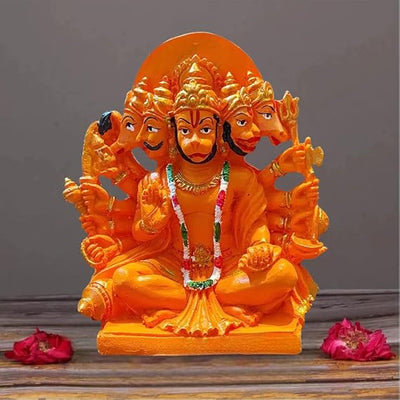 Handmade Panchmukhi Hanuman Ji idol in resin, featuring five faces, ideal for altars and home decor, symbolizing strength and protection.