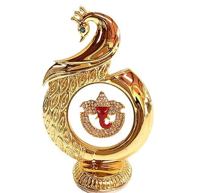 Brass Peacock Ganesh Idol for car dashboards, measuring 13.41 x 11.4 x 5.69 cm and weighing 300g. A symbol of prosperity and wisdom.