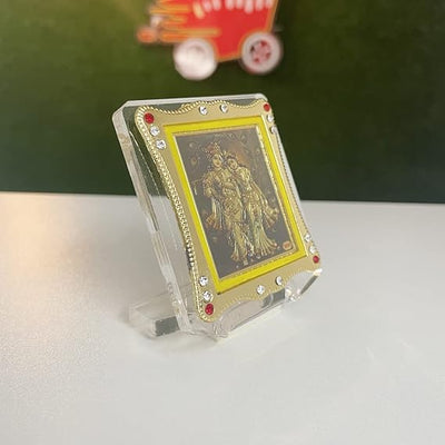Handmade Radha Krishna acrylic statue designed for car dashboards, symbolizing love and devotion, perfect for spiritual journeys.