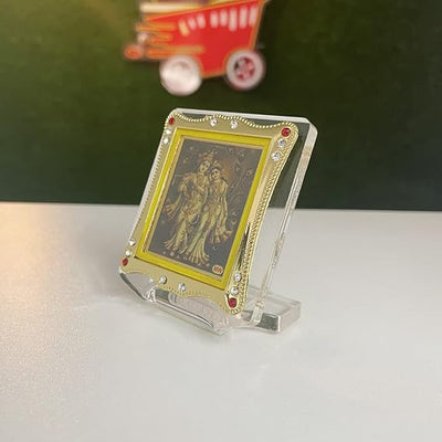 Handmade Radha Krishna acrylic statue designed for car dashboards, symbolizing love and devotion, perfect for spiritual journeys.