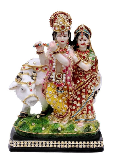 Handmade Radha Krishna cow idol made from durable polyresin, ideal for home decor, altars, and spiritual spaces.
