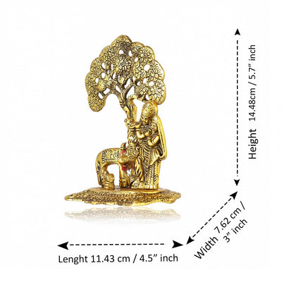 Handcrafted metal statue of Radha and Krishna under a Kadambh tree with a cow and calf, symbolizing divine love and traditional craftsmanship.