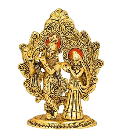 Handcrafted metal showpiece of Radha and Krishna, featuring intricate details and a golden finish, ideal for home decor or as a meaningful gift.
