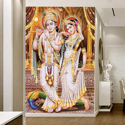 Radha Krishna peel and stick wallpaper featuring the iconic Hindu deities, ideal for adding spirituality and elegance to any living space.