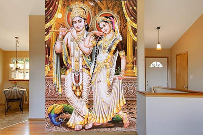 Radha Krishna peel and stick wallpaper featuring the iconic Hindu deities, ideal for adding spirituality and elegance to any living space.