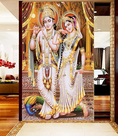 Radha Krishna peel and stick wallpaper featuring the iconic Hindu deities, ideal for adding spirituality and elegance to any living space.