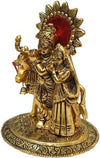 Handcrafted metal statue of Radha and Krishna in an embrace, accompanied by a serene cow, symbolizing divine love and traditional craftsmanship.