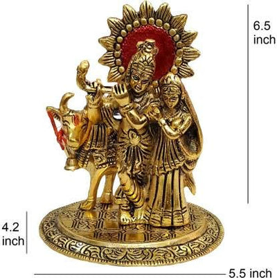 Handcrafted metal statue of Radha and Krishna in an embrace, accompanied by a serene cow, symbolizing divine love and traditional craftsmanship.