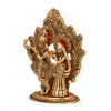 Handcrafted metal statue of Radha and Krishna playing the flute, measuring 11.4L x 5.1W x 17.8H cm, symbolizing love and devotion