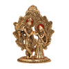 Handcrafted metal statue of Radha and Krishna playing the flute, measuring 11.4L x 5.1W x 17.8H cm, symbolizing love and devotion