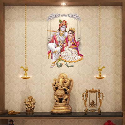 Colorful Radha Krishna wall sticker showcasing the beauty of Hindu deities, ideal for enhancing spirituality in bedrooms, living rooms, or playrooms.