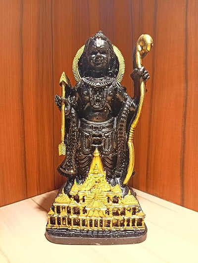A beautifully crafted marble Ram Lalla idol, showcasing intricate detailing and a matte black finish, ideal for altars and spiritual decor.