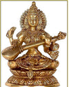 Handcrafted brass Saraswati idol, intricately designed, depicting the goddess seated on a swan, symbolizing knowledge and inspiration.