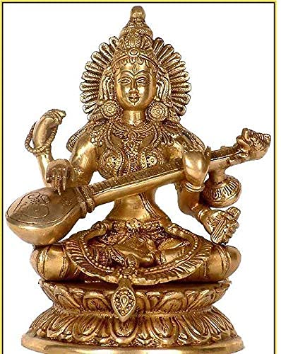 Handcrafted brass Saraswati idol, intricately designed, depicting the goddess seated on a swan, symbolizing knowledge and inspiration.