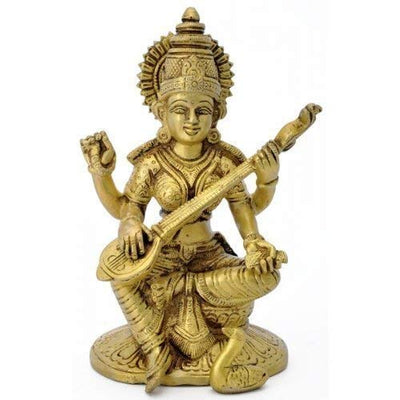 Handmade Astadhatu Saraswati idol in metal, intricately designed, depicting the goddess of knowledge and arts seated on a swan.