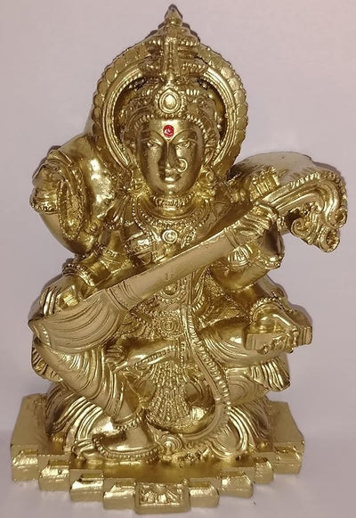 Handmade Saraswati idol in polystone, intricately designed, symbolizing knowledge and arts in Hinduism.