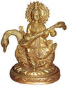Handmade metal Saraswati idol, intricately designed, depicting the goddess of knowledge and arts, symbolizing wisdom and creativity.