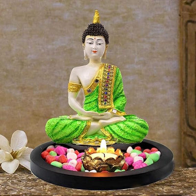 Intricate Lord Buddha statue made from high-quality resin, showcasing serene expression and hand-carved details. Ideal for home decor and meditation.