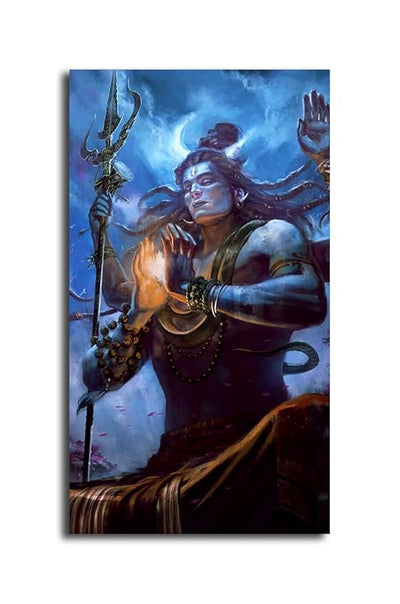 Vibrant Shiva canvas painting of Mahadev, showcasing rich colors and Hindu symbolism, ideal for enhancing any room's decor.