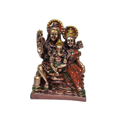 Handmade resin statue of Lord Shiva, Goddess Parvati, and Lord Ganesha, representing divine harmony, perfect for home decor or altars.