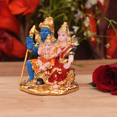Handcrafted ceramic set of Shiva Parivar, including Lord Shiva, Goddess Parvati, and Lord Ganesha, with gold plating for a stunning appearance.