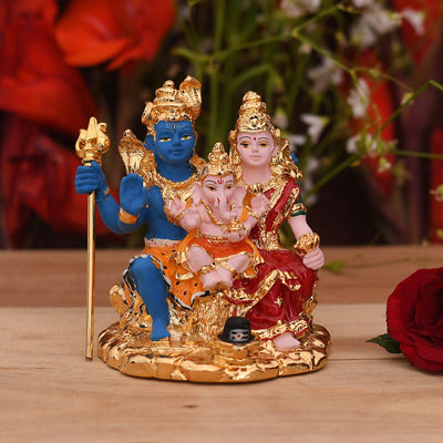 Handcrafted ceramic set of Shiva Parivar, including Lord Shiva, Goddess Parvati, and Lord Ganesha, with gold plating for a stunning appearance.