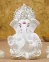 Handmade silver-plated Lord Ganesha idol, measuring 5.1 x 5.1 x 8.9 cm, featuring intricate terracotta details and lifelike eyes