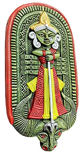 Handcrafted terracotta wall hanging of Maa Durga, showcasing intricate details and earthy tones, symbolizing strength and divine protection.