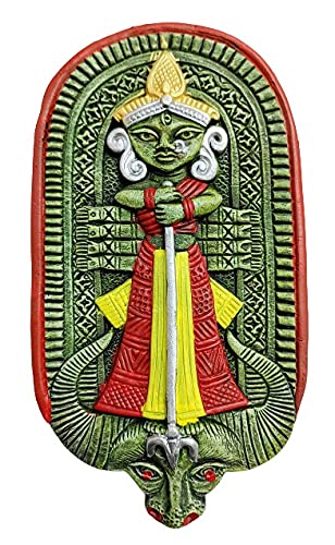 Handcrafted terracotta wall hanging of Maa Durga, showcasing intricate details and earthy tones, symbolizing strength and divine protection.