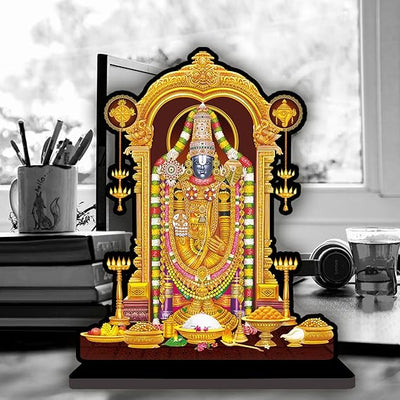 Vibrant handmade Tirupati Balaji idol made from engineered wood, showcasing intricate details and colors, ideal for home and office decor.