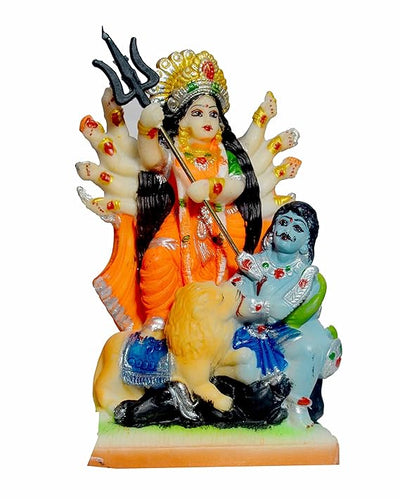 Durable unbreakable Maa Durga idol made of PVC, showcasing vibrant colors and intricate design, symbolizing strength and divine protection.