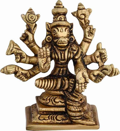 Handcrafted Varahi Amman Varagi statue in brass, featuring eight arms and intricate detailing, symbolizing power and protection for your altar